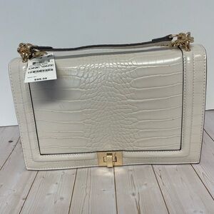 Cream faux Crocodile-Embossed Shoulder Bag with Gold Accents